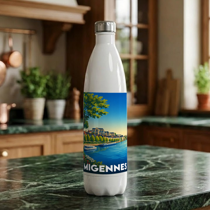 Gourde blanche souvenir de la ville de Migennes avec une illustration stylisée des bords de l'Yonne.