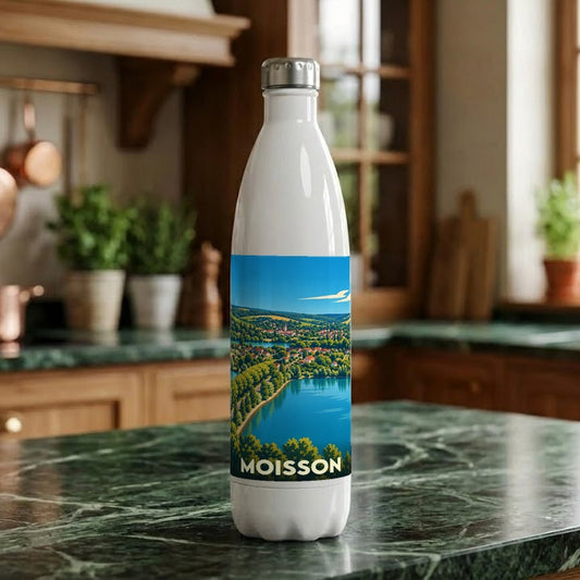 Gourde souvenir de la ville de Moisson ornée d'une illustration panoramique stylisée.