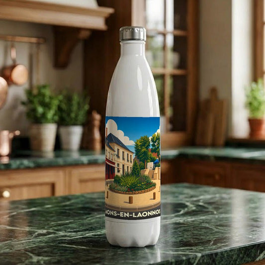Gourde souvenir de la ville de Mons-en-Laonnois avec une illustration stylisée.