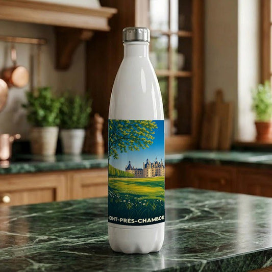 Gourde souvenir de la ville de Mont-près-Chambord avec une illustration stylisée d'un château.