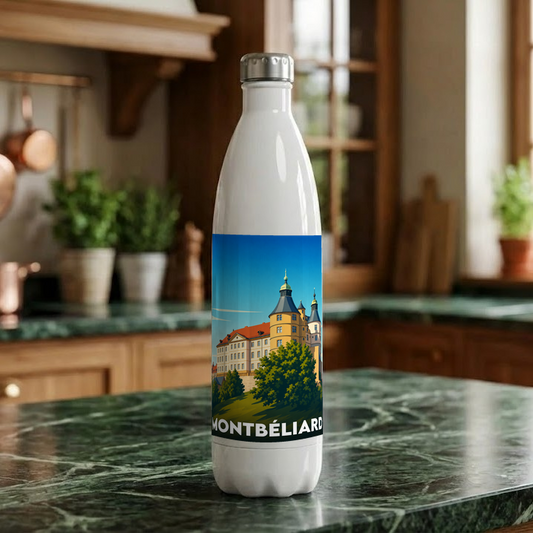 Gourde souvenir de la ville de Montbéliard avec une illustration stylisée.