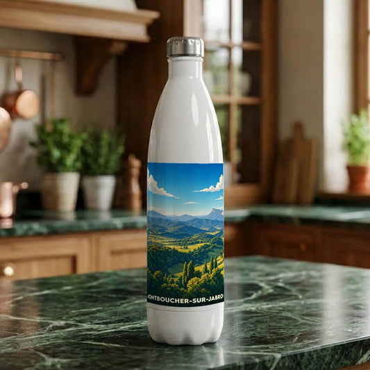 Gourde souvenir de la ville de Montboucher-sur-Jabron avec une illustration de paysage vallonné.