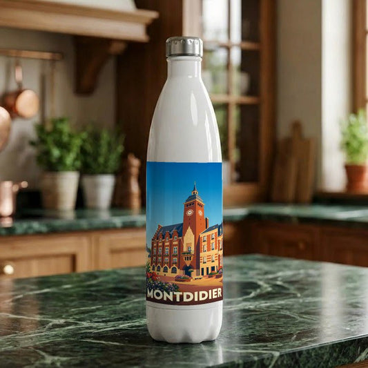 Gourde souvenir de la ville de Montdidier ornée d'une illustration stylisée de son hôtel de ville.