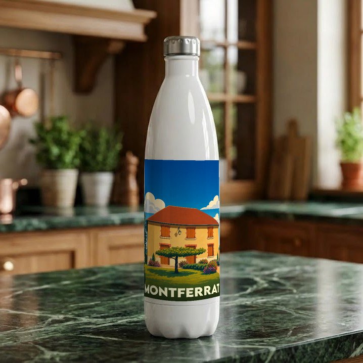 Gourde souvenir de la ville de Montferrat avec une illustration stylisée d'une maison provençale.