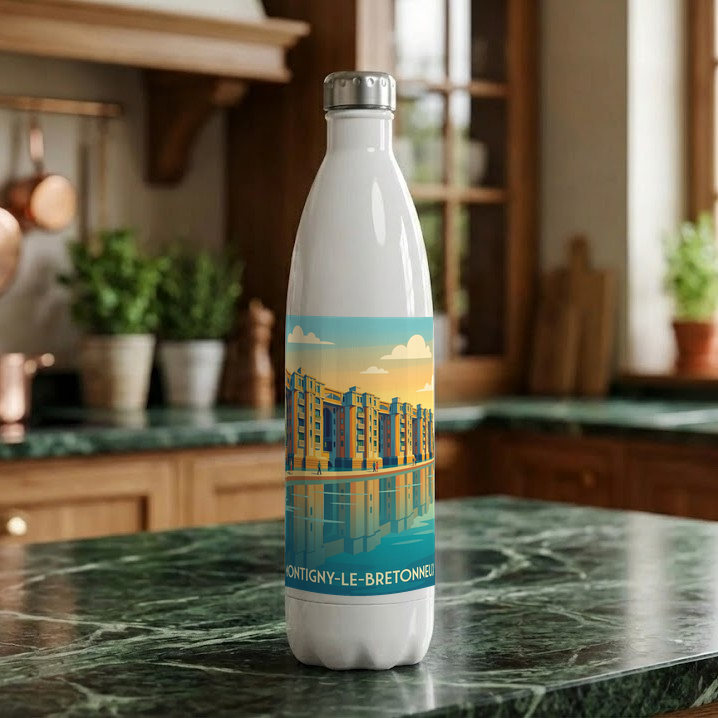 Gourde souvenir de la ville de Montigny-le-Bretonneux avec une illustration stylisée de ses bâtiments.