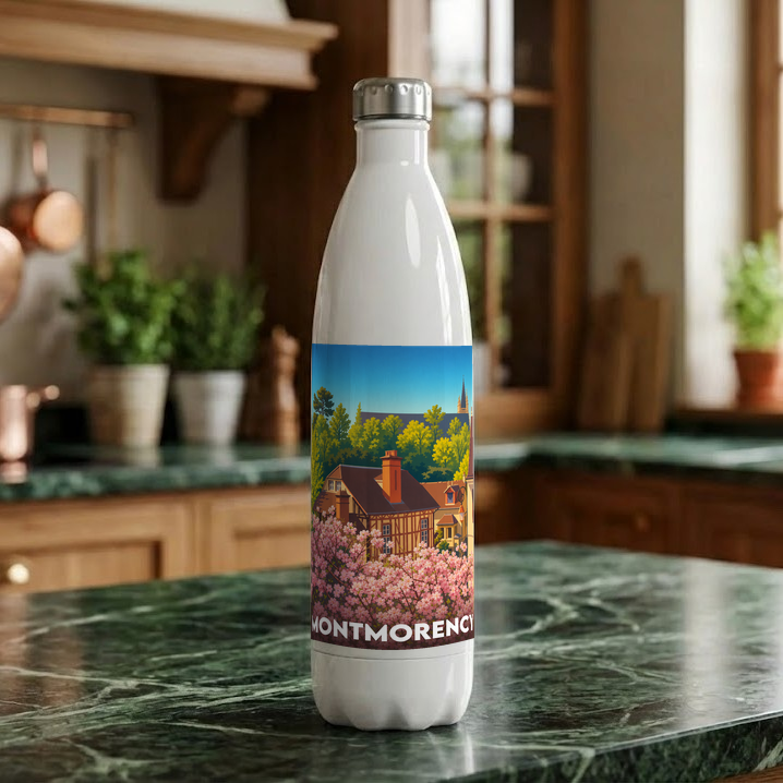 Gourde souvenir de la ville de Montmorency avec une illustration stylisée.