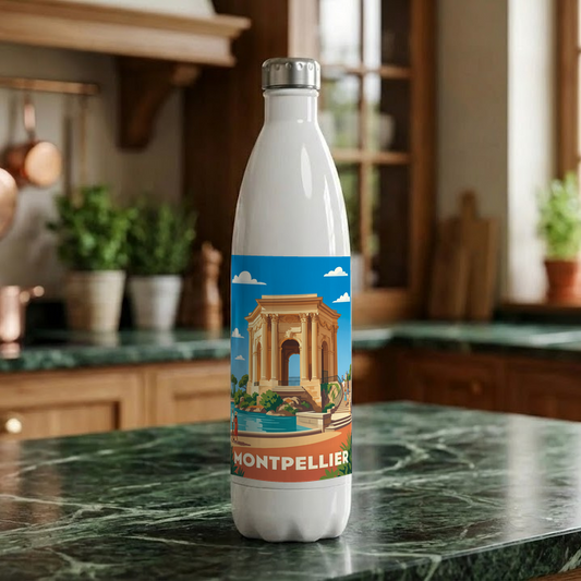 Gourde souvenir de la ville de Montpellier avec une illustration stylisée.