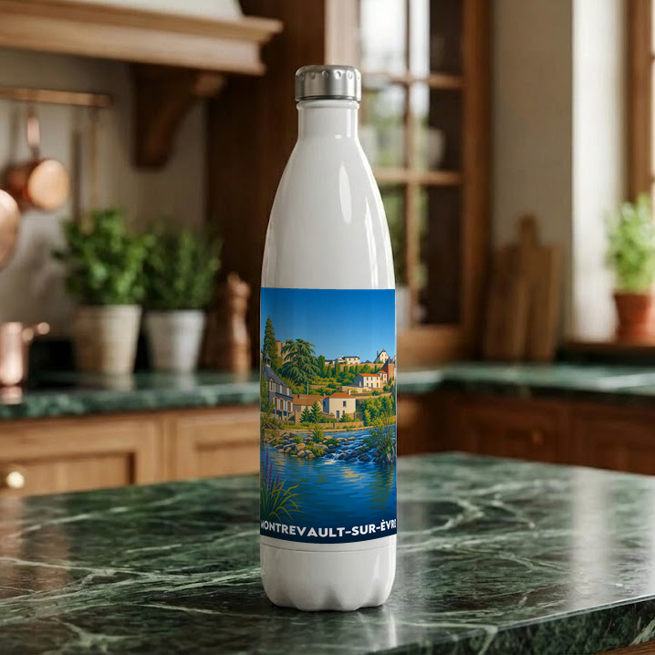 Gourde blanche souvenir de la ville de Montrevault-sur-Èvre ornée d'une illustration paysagère stylisée.