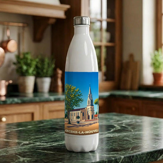 Gourde souvenir de la ville de Morcenx-la-Nouvelle avec une illustration stylisée de son église.