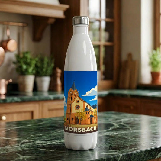 Gourde blanche souvenir de la ville de Morsbach ornée d'une illustration stylisée de son église.