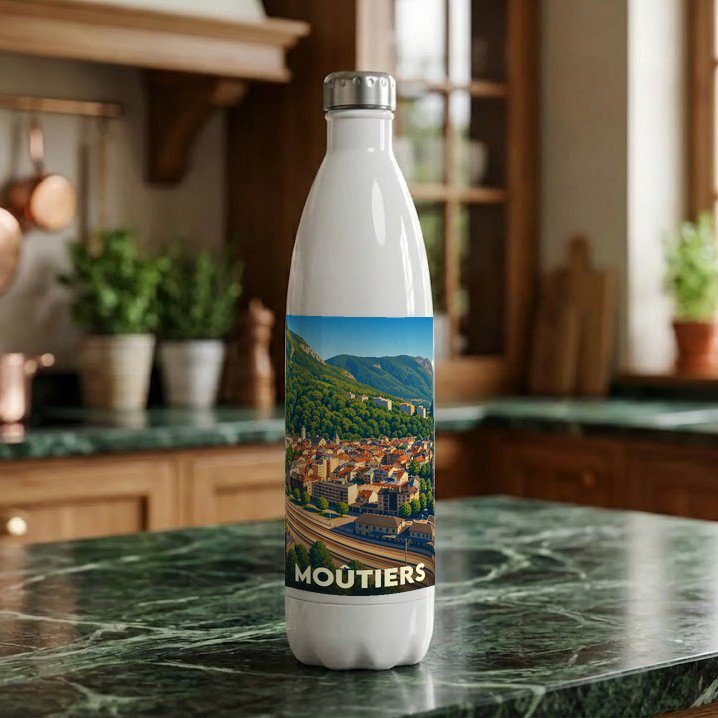 Gourde souvenir de la ville de Moûtiers avec une illustration de paysage urbain et montagneux.