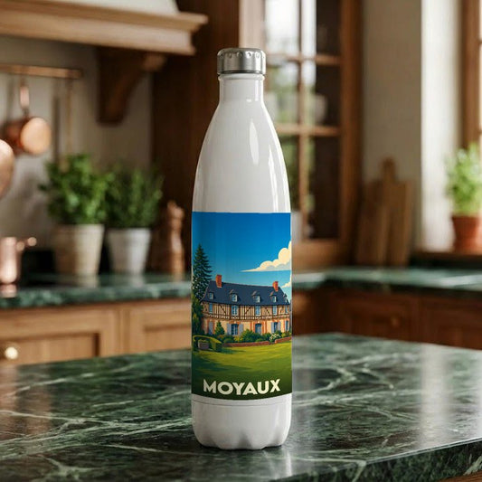 Gourde souvenir de la ville de Moyaux ornée d'une illustration stylisée d'un manoir normand.