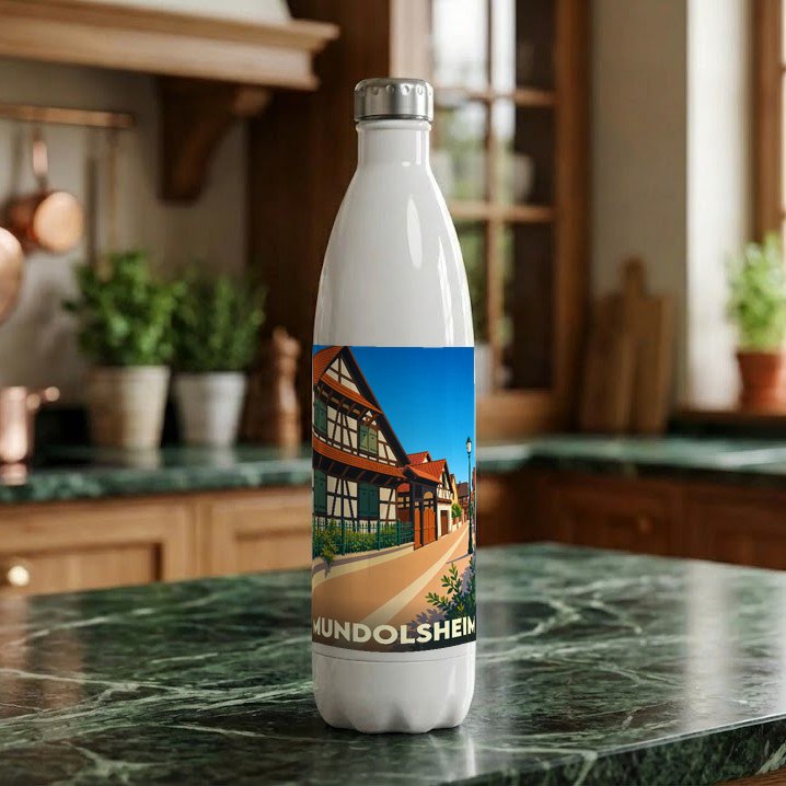 Gourde blanche souvenir de la ville de Mundolsheim avec une illustration de maisons à colombages.