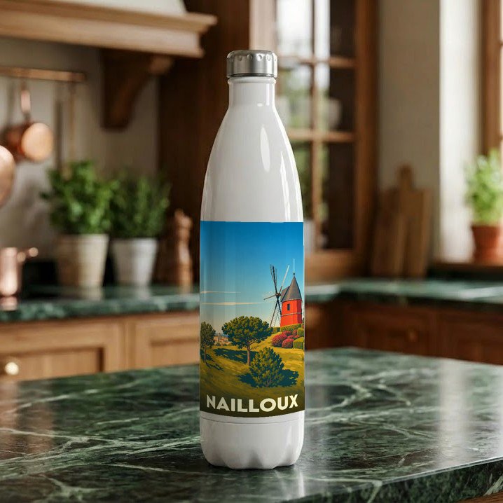 Gourde souvenir de la ville de Nailloux avec une illustration stylisée de son moulin à vent.