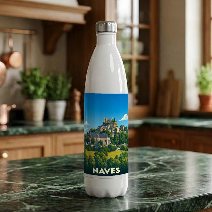 Gourde souvenir de la ville de Naves avec une illustration stylisée d'un village perché.