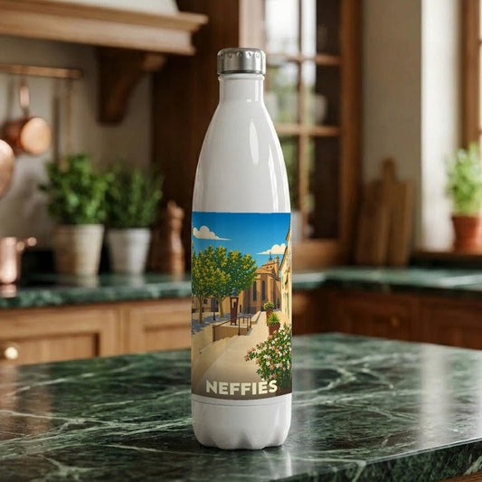 Gourde souvenir de la ville de Neffiès avec une illustration stylisée.