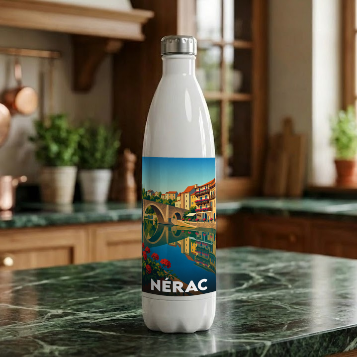 Gourde souvenir de la ville de Nérac ornée d'une illustration stylisée du pont vieux se reflétant dans l'eau.