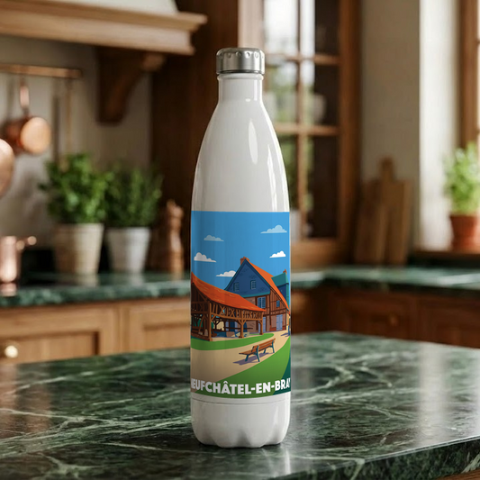 Gourde souvenir de la ville de Neufchâtel-en-Bray avec une illustration stylisée.