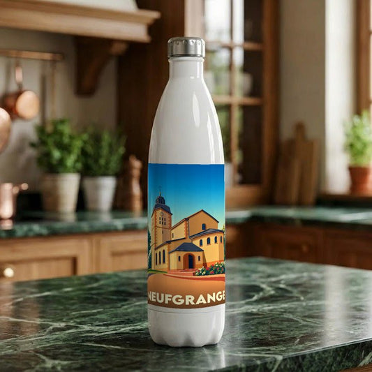 Gourde souvenir de la ville de Neufgrange avec une illustration stylisée de son église.
