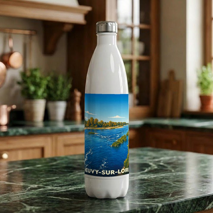 Gourde souvenir de la ville de Neuvy-sur-Loire avec une illustration stylisée des bords de Loire.