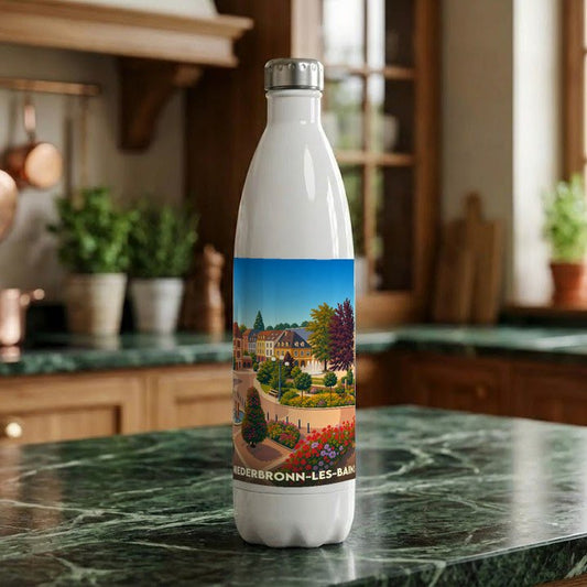 Gourde blanche souvenir de la ville de Niederbronn-les-Bains avec une illustration colorée et stylisée de son paysage urbain.