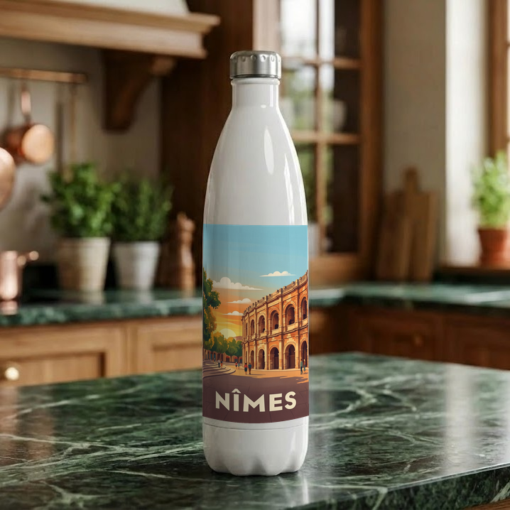 Gourde souvenir de la ville de Nîmes avec une illustration stylisée de ses arènes.