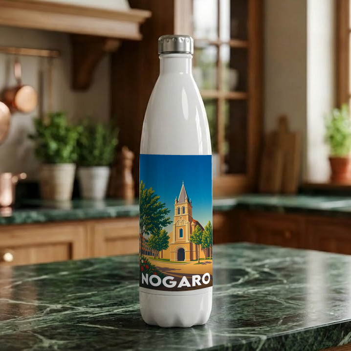 Gourde souvenir de la ville de Nogaro avec une illustration stylisée.