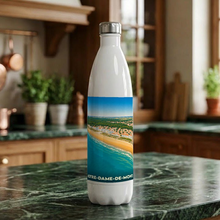 Gourde souvenir de la ville de Notre-Dame-de-Monts avec une illustration stylisée du bord de mer.