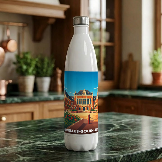 Gourde souvenir de la ville de Noyelles-sous-Lens avec une illustration stylisée de son hôtel de ville.
