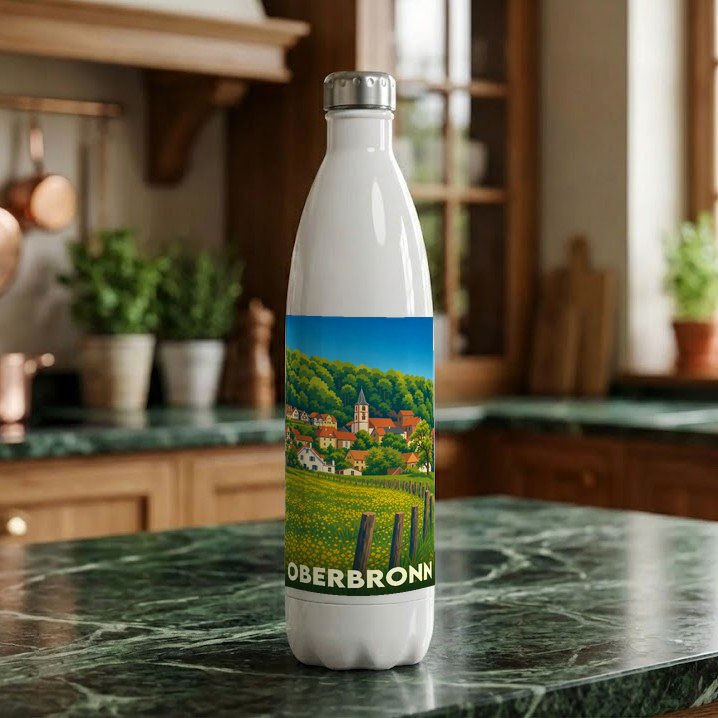 Gourde blanche souvenir de la ville d'Oberbronn ornée d'une illustration paysagère stylisée.