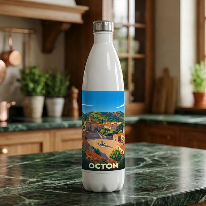 Gourde souvenir de la ville d'Octon ornée d'une illustration stylisée de son village.
