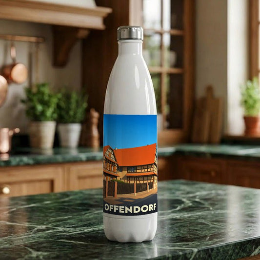 Gourde blanche souvenir de la ville d'Offendorf avec une illustration stylisée de maisons à colombages.