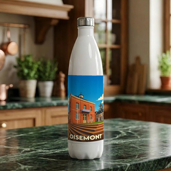 Gourde blanche souvenir de la ville de Oisemont avec une illustration stylisée de son hôtel de ville.