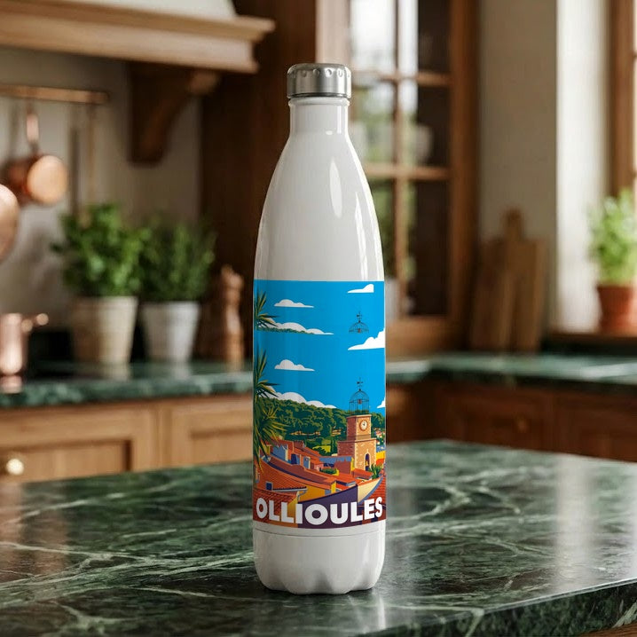 Gourde souvenir de la ville d'Ollioules avec une illustration stylisée et colorée.