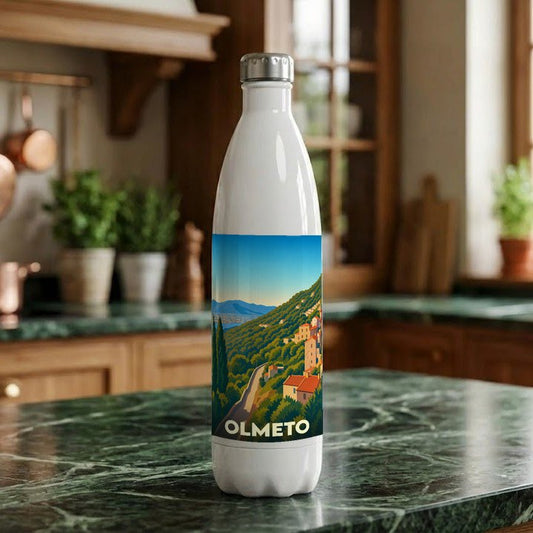 Gourde souvenir de la ville de Olmeto avec une illustration stylisée d'un paysage corse.