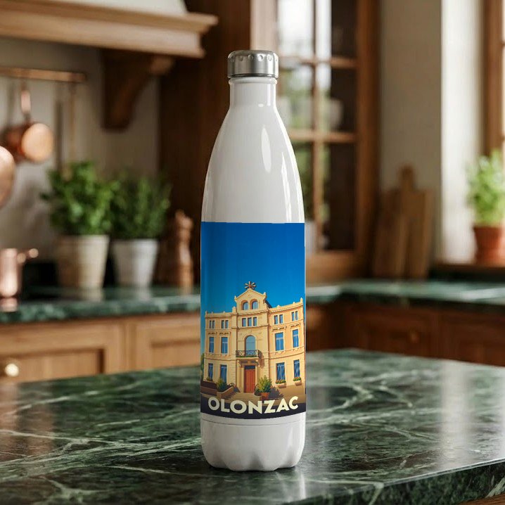 Gourde souvenir de la ville d'Olonzac avec une illustration stylisée de son architecture.