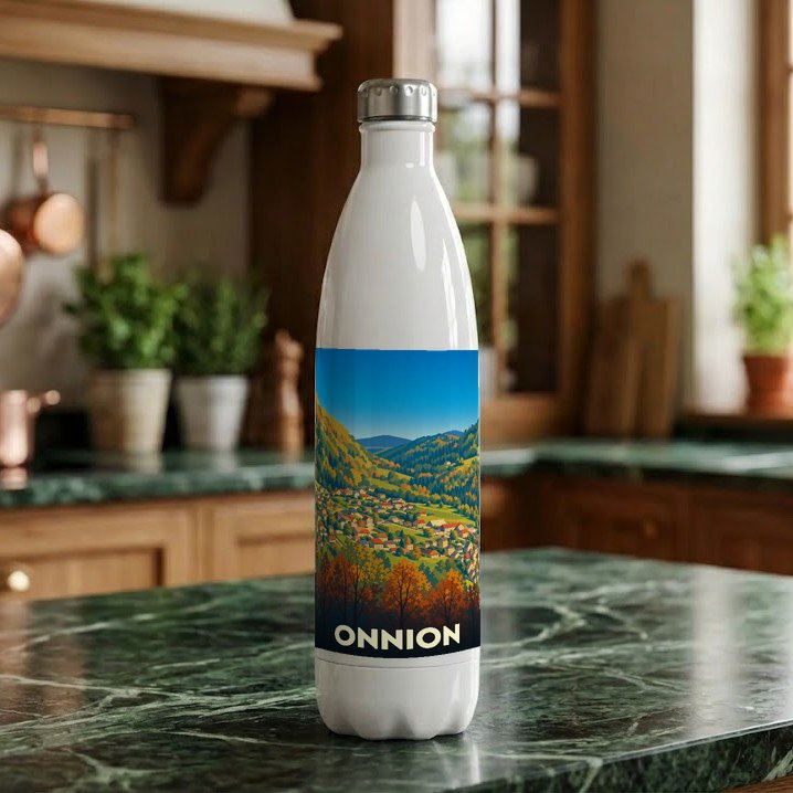 Gourde souvenir de la ville d'Onnion avec une illustration de paysage de montagne stylisée.