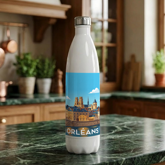 Gourde souvenir de la ville d'Orléans avec une illustration stylisée.