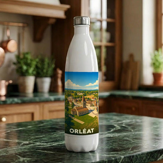 Gourde blanche souvenir de la ville d'Orléat avec une illustration paysagère stylisée.