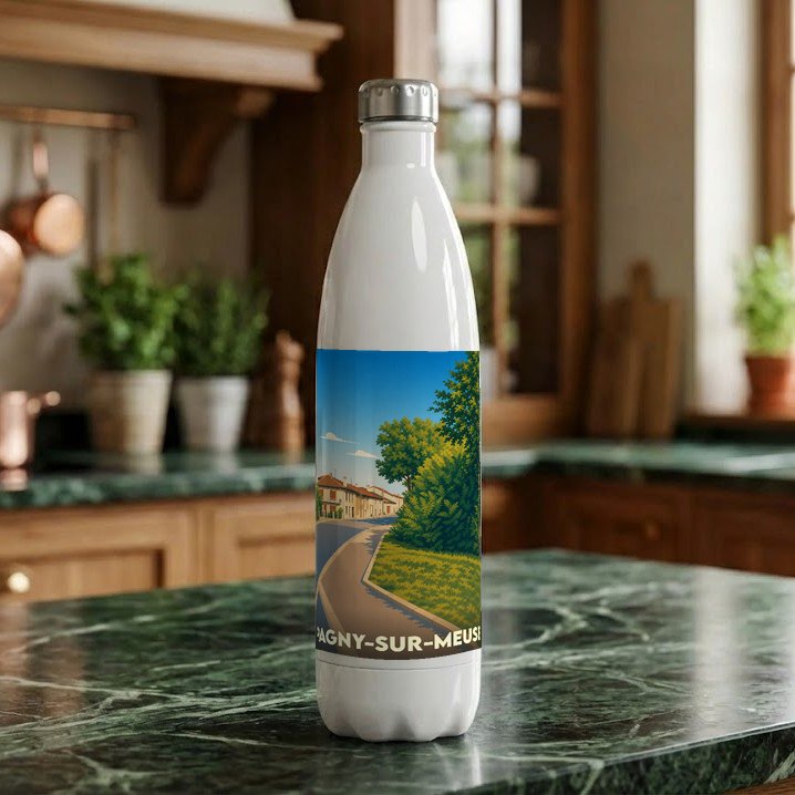 Gourde souvenir de la ville de Pagny-sur-Meuse avec une illustration paysagère stylisée.
