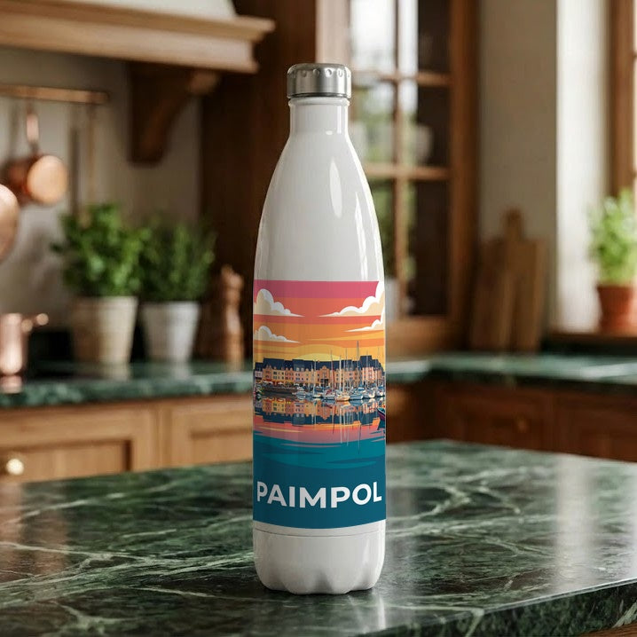 Gourde souvenir de la ville de Paimpol avec une illustration stylisée de son port.