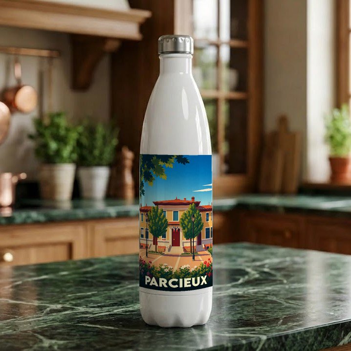 Gourde souvenir de la ville de Parcieux avec une illustration stylisée.