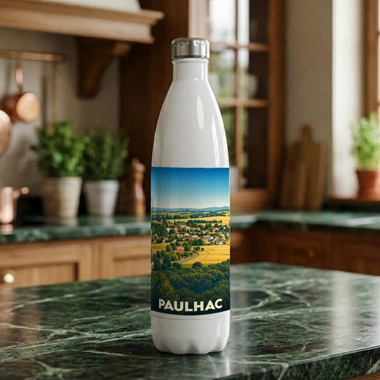 Gourde souvenir de la ville de Paulhac avec une illustration paysagère stylisée.