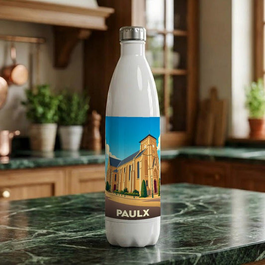 Gourde souvenir de la ville de Paulx avec une illustration stylisée de son église.