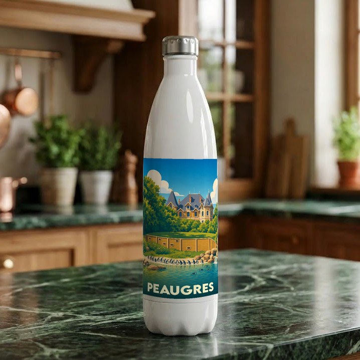 Gourde blanche souvenir de Peaugres avec une illustration stylisée de son château et de son parc animalier.