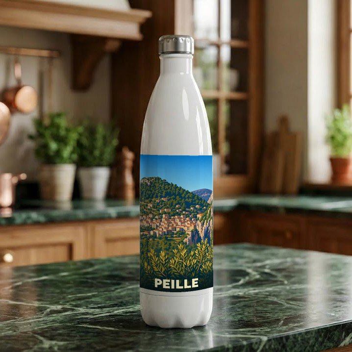 Gourde souvenir de la ville de Peille avec une illustration de son village perché.