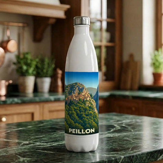 Gourde blanche souvenir de la ville de Peillon ornée d'une illustration stylisée du village perché.