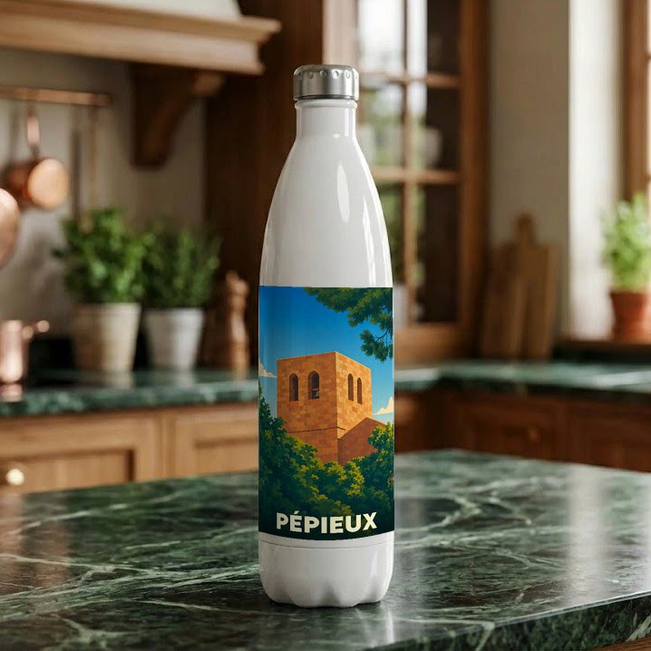 Gourde souvenir de la ville de Pépieux ornée d'une illustration stylisée de son église.