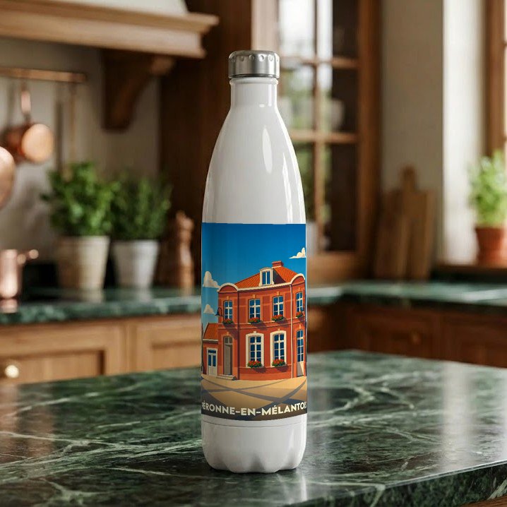 Gourde souvenir de la ville de Péronne-en-Mélantois avec une illustration stylisée d'un bâtiment traditionnel.