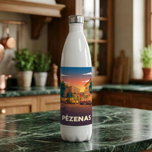 Gourde souvenir de la ville de Pézenas avec une illustration stylisée.
